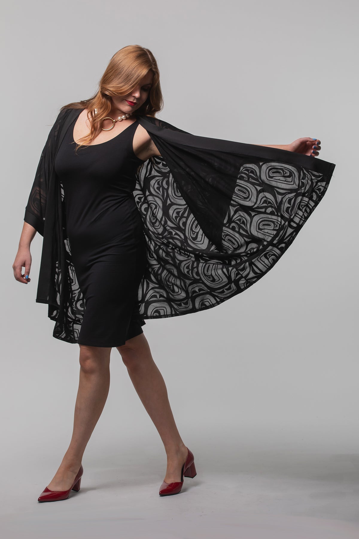 Chloe Angus Design Kimono in Black Sheer with Modern print by Clarence Mills