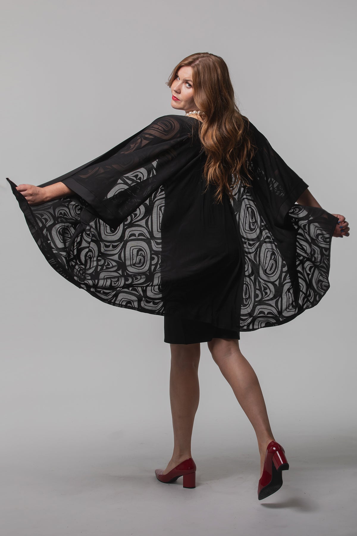 Chloe Angus Design Kimono in Black Sheer with Modern print by Clarence Mills